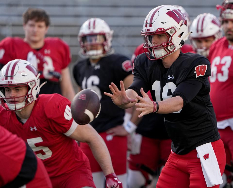 Apr 11, 2023; Madison, WI, USA; Wisconsin quarterback Braedyn Locke (18) is shown during practice Tuesday, April 11, 2023 at Camp Randall Stadium in Madison, Wis. Mandatory Credit: Mark Hoffman-USA TODAY Sports