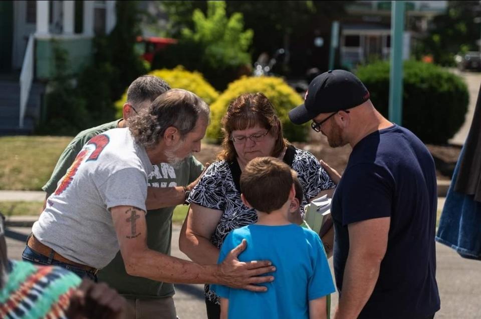 Pastor David Campbell of The Father's Heart, at right, and Dom Langella, left, practice street and community outreach in the area as part of their Vestal church's ministry.