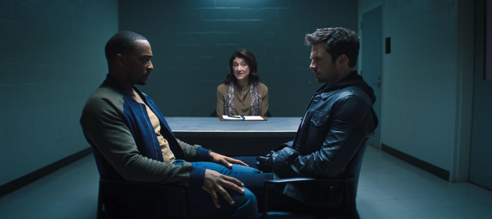 (L-R): Falcon/Sam Wilson (Anthony Mackie), therapist (Amy Aquino) and Winter Soldier/Bucky Barnes (Sebastian Stan) in Marvel Studios' THE FALCON AND THE WINTER SOLDIER exclusively on Disney+. Photo courtesy of Marvel Studios. Â©Marvel Studios 2021. All Rights Reserved. 