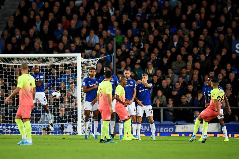 LIVERPOOL, ENGLAND - SEPTEMBER 28: Riyad Mahrez of Manchester City scores his teams second goal during the Premier League match between Everton FC and Manchester City at Goodison Park on September 28, 2019 in Liverpool, United Kingdom. (Photo by Michael Regan/Getty Images)