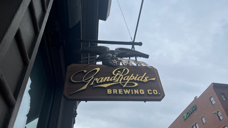 The Grand Rapids Brewing Co. sign at the brewery's former site downtown. (April 18, 2024)