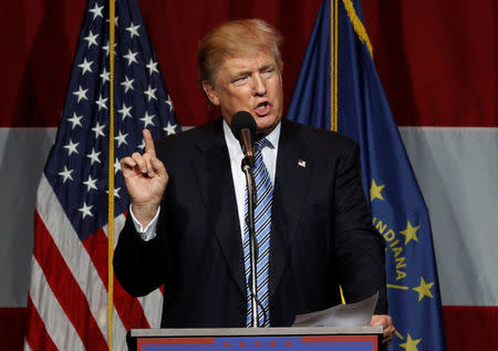 Republican U.S. presidential candidate Donald Trump addresses the crowd during a campaign stop at the Grand Park Events Center in Westfield, Indiana, July 12, 2016. REUTERS/John Sommers II