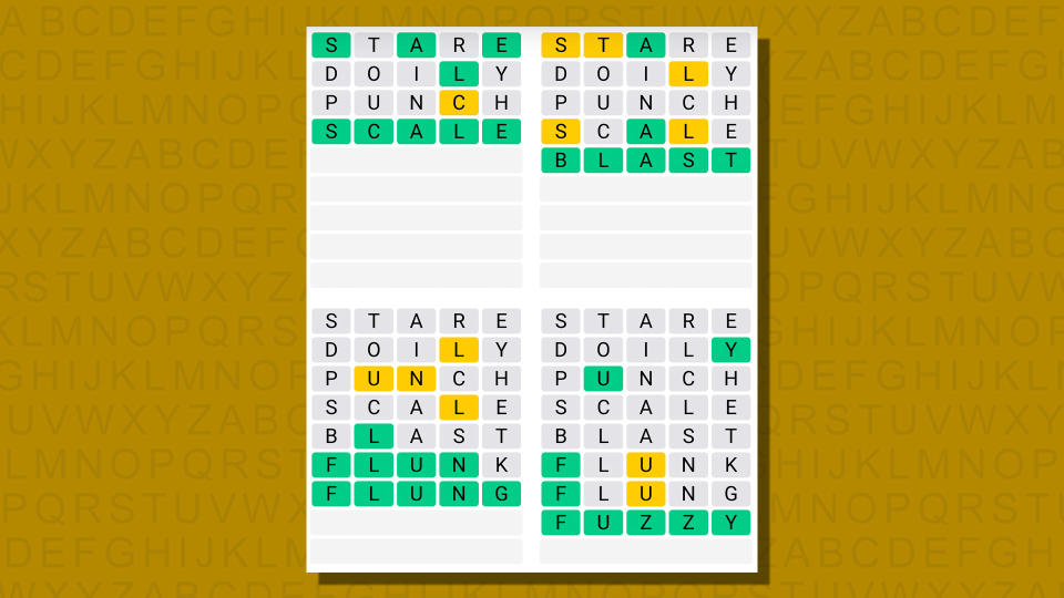 Quordle answers for game 761 on a yellow background