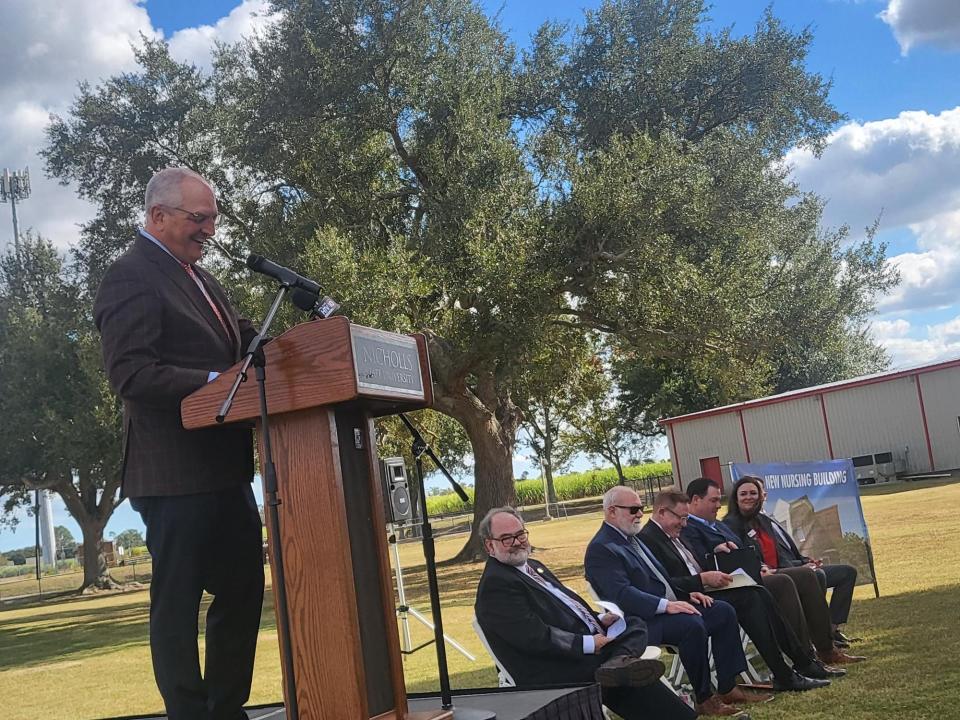 Louisiana Governor John Bel Edwards visits Nicholls State University, Oct. 7, to celebrate $46 million being spent on new facilities at the campus: A coastal research center, a covered football field, and a new nursing building.