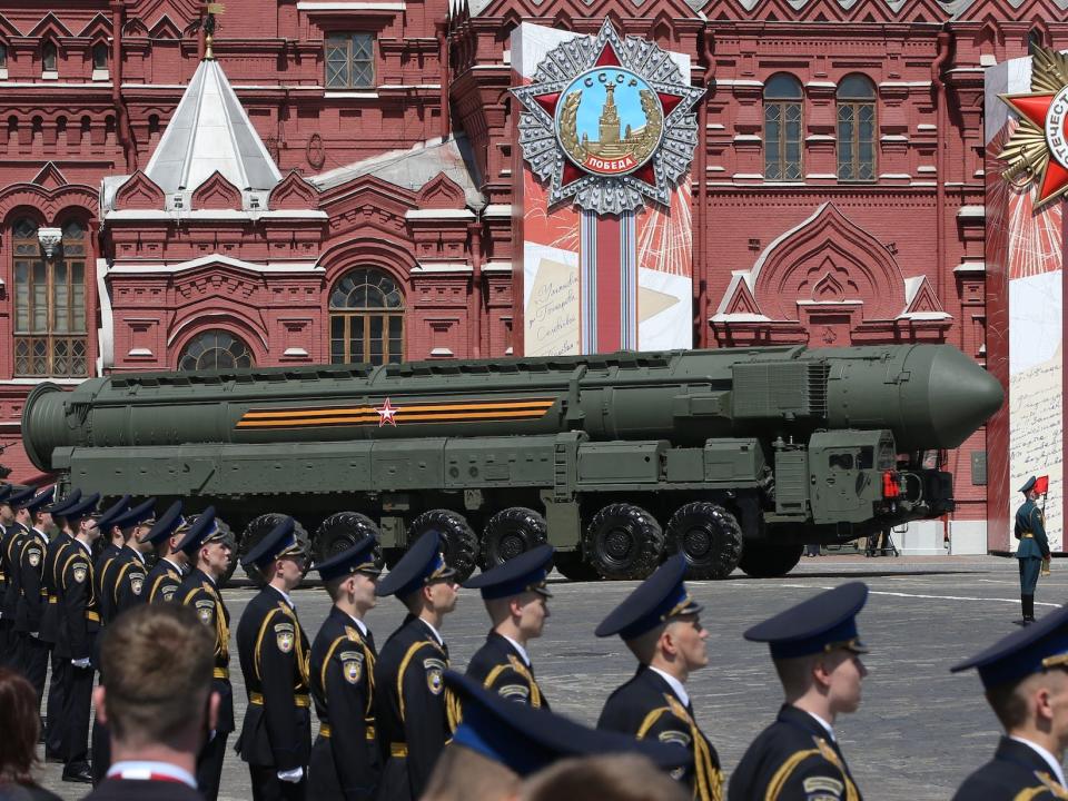 A Russian nuclear missile is seen during a parade in Moscow.
