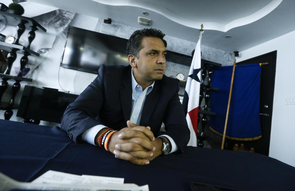 In this April 22, 2019 photo, independent presidential candidate Ricardo Lombana listens to a question during an interview, in Panama City. "This country is crumbling as a result of corruption," Lombana told supporters recently. "If we do not do something, we will be left without a country." (AP Photo/Arnulfo Franco)