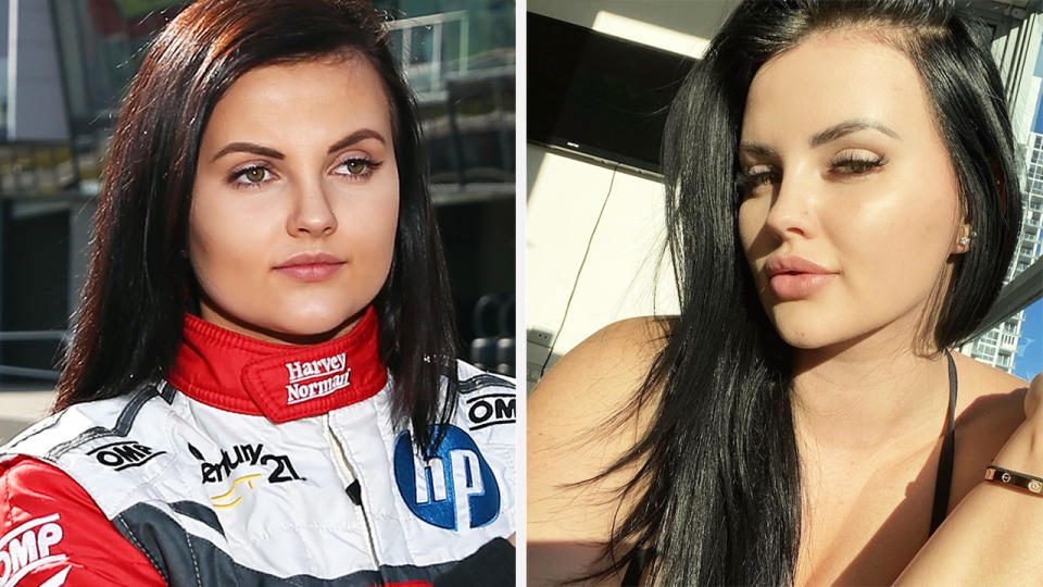 A 50-50 split image shows Renee Gracie on the left prior to the 2015 Bathurst 1000, and a shot from her Instagram on the right.