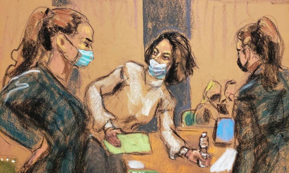 Ghislaine Maxwell enters the court with US court marshalls, as seen in a courtroom sketch, on 3 December.