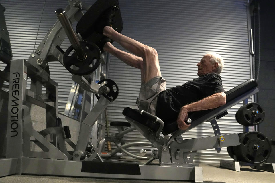 U.S. Army veteran Ed Reichbach, 93, works out at the Grey Team veterans center, Wednesday, May 17, 2023, in Boca Raton, Fla. The center is helping veterans with post-traumatic stress disorder and other mental and physical ailments get back into the civilian world. (AP Photo/Lynne Sladky)