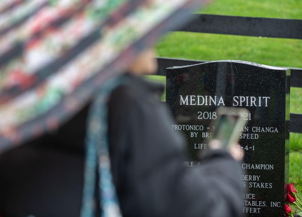 A photo of Medina Spirit headstone is taken at Old Friends Farm in Georgetown, Kentucky, following a ceremony to honor the late thoroughbred. The Bob Baffert trainee won the 2021 Kentucky Derby before being disqualified for having an illegal substance in his body following the race. April 5, 2022