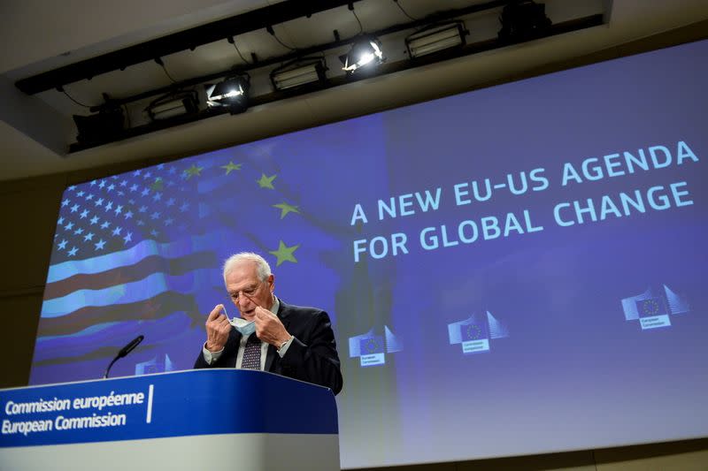 European Union foreign policy chief Josep Borell speaks during a news conference in Brussels