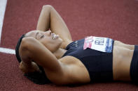 Allyson Felix reacts to her second place in the women's 400-meter run at the U.S. Olympic Track and Field Trials Sunday, June 20, 2021, in Eugene, Ore. (AP Photo/Ashley Landis)