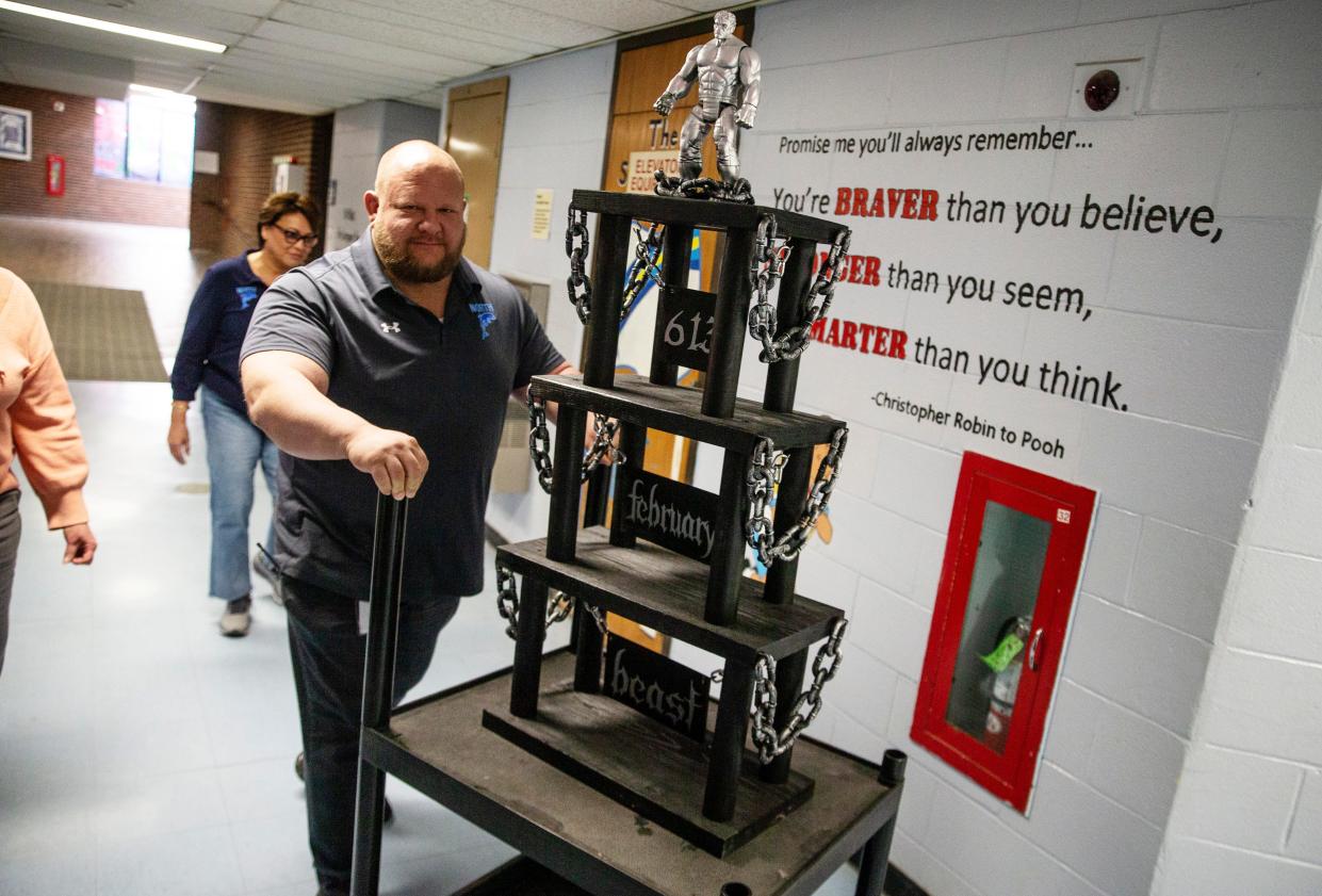 Like most school districts throughout the country, Toms River Regional has been struggling with chronic student absenteeism after the pandemic. At Intermediate North, Assistant Principal Brian Blake built a large trophy called "The Beast," which is awarded each month to the class with the fewest absences.   
Toms River, NJ
Friday, March 1, 2024