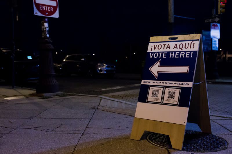 A sign is seen outside of The Philadelphia High School for Creative and Performing Arts, an early voting location for the upcoming presidential election, in Philadelphia, Pennsylvania