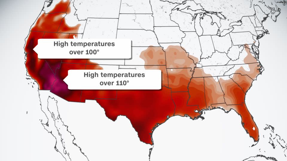 All of the areas shaded in red will exceed 90 degrees on Saturday.