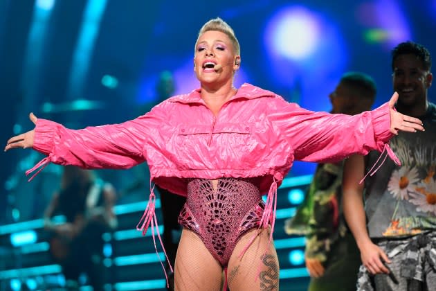 Pink performs at Golden 1 Center on October 12, 2023 in Sacramento, California.  - Credit: Tim Mosenfelder/Getty Images