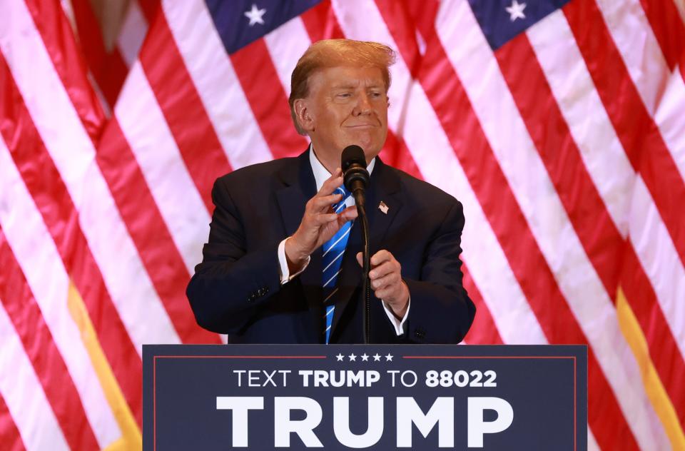 Republican presidential candidate, former President Donald Trump speaks at an election-night watch party at Mar-a-Lago on March 05, 2024 in Palm Beach, Florida. Sixteen states are holding primaries and caucuses today as part of Super Tuesday.