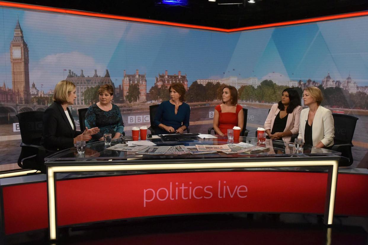 MPs Amber Rudd and Emily Thornberry, together with presenters Jo Coburn, Camilla Tominey, Anushka Asthana and Laura Kuenssberg, appear on Politics Live: REUTERS