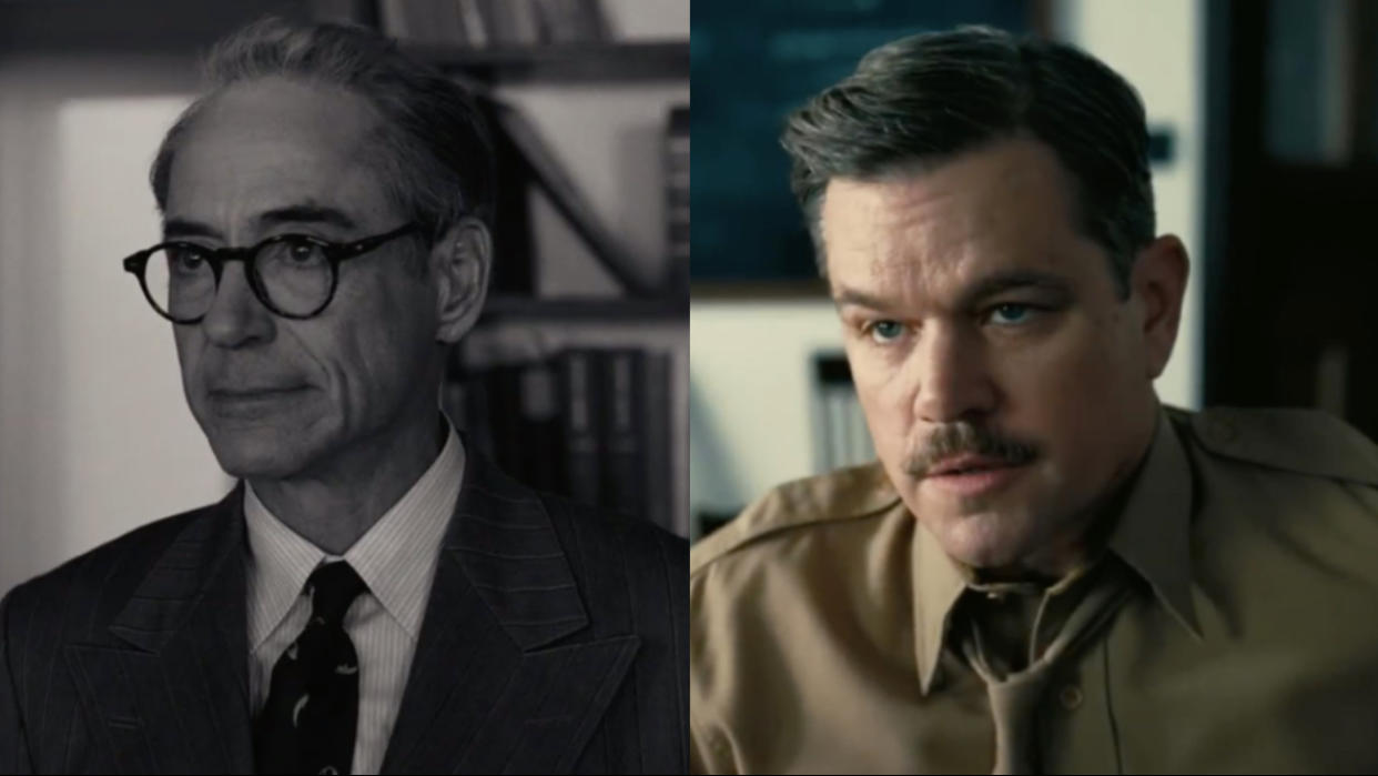  Robert Downey Jr. and Matt Damon in Oppenheimer (side by side). 