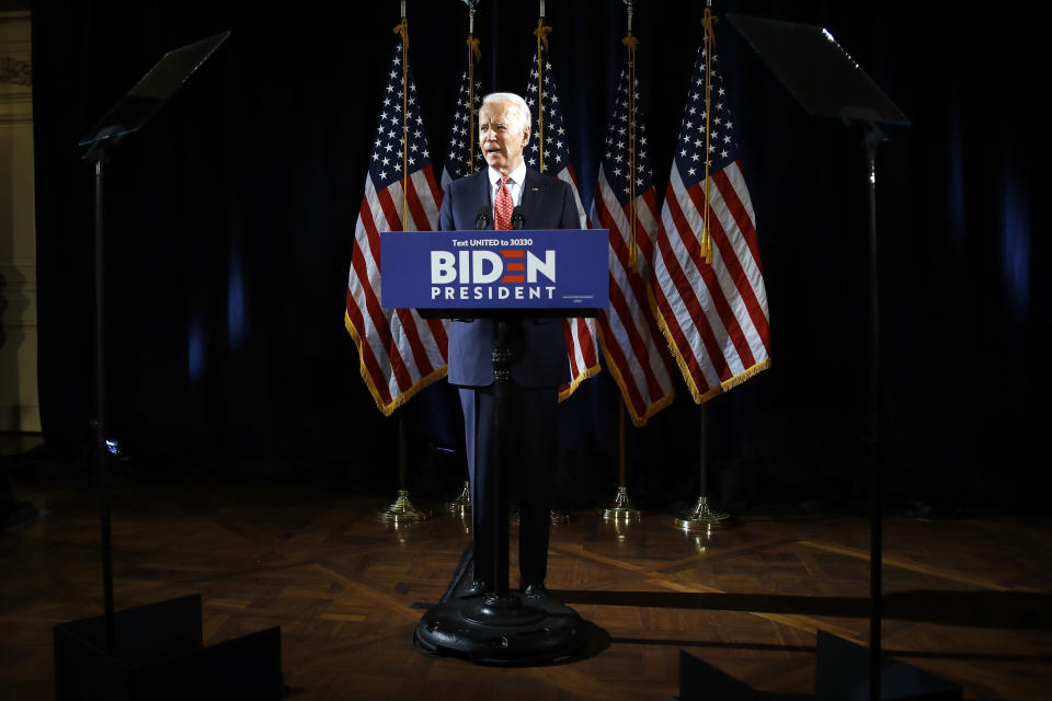 Democratic presidential candidate former Vice President Joe Biden speaks about the coronavirus Thursday, March 12, 2020, in Wilmington, Del. (AP Photo/Matt Rourke)