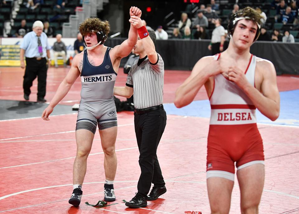 St. Augustine's Dennis Virelli defeated Delsea's Tyson Derenberger 7-1 following Thursday's 165-pound wrestling bout at Boardwalk Hall in Atlantic City, N.J. March 3, 2022.