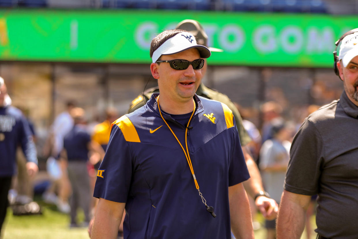 MORGANTOWN, WV - APRIL 23: West Virginia Mountaineers head coach Neal Brown on the field during the West Virginia Mountaineers college football spring game on April 23, 2022, at Mountaineer Field at Milan Puskar Stadium in Morgantown, WV. (Photo by Frank Jansky/Icon Sportswire via Getty Images)