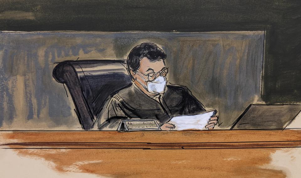 FILE - This courtroom sketch shows Judge Alison Nathan reading the guilty verdict against Ghislaine Maxwell in her sex trafficking trial, Wednesday Dec. 29, 2021, in New York. On Tuesday, March 8, 2022, a juror faces questioning from Nathan after he put the sex trafficking conviction of British socialite Ghislaine Maxwell in jeopardy with his post-trial public revelations that he told fellow jurors he was a sex abuse victim despite having failed to disclose it during the trial's jury selection process. (Elizabeth Williams via AP, File)