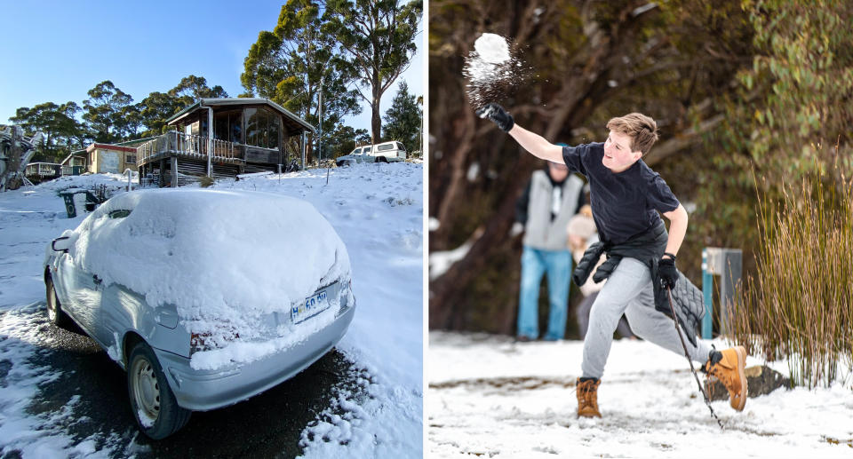 A car in the snow (left) and a boy throws a snowball (right)