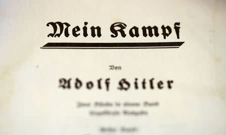 The title page of Adolf Hitler's book "Mein Kampf" (My Struggle) from 1940 is pictured in Berlin, Germany, in this picture taken December 16, 2015. REUTERS/Fabrizio Bensch