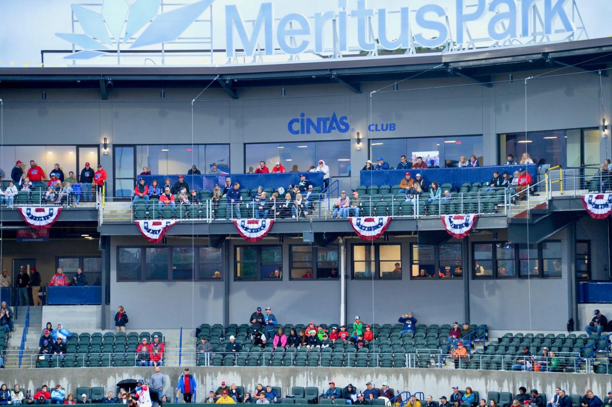 Fans in the upper levels watch the inaugural home game for the Hagerstown Flying Boxcars during a rainy May 4, 2024.