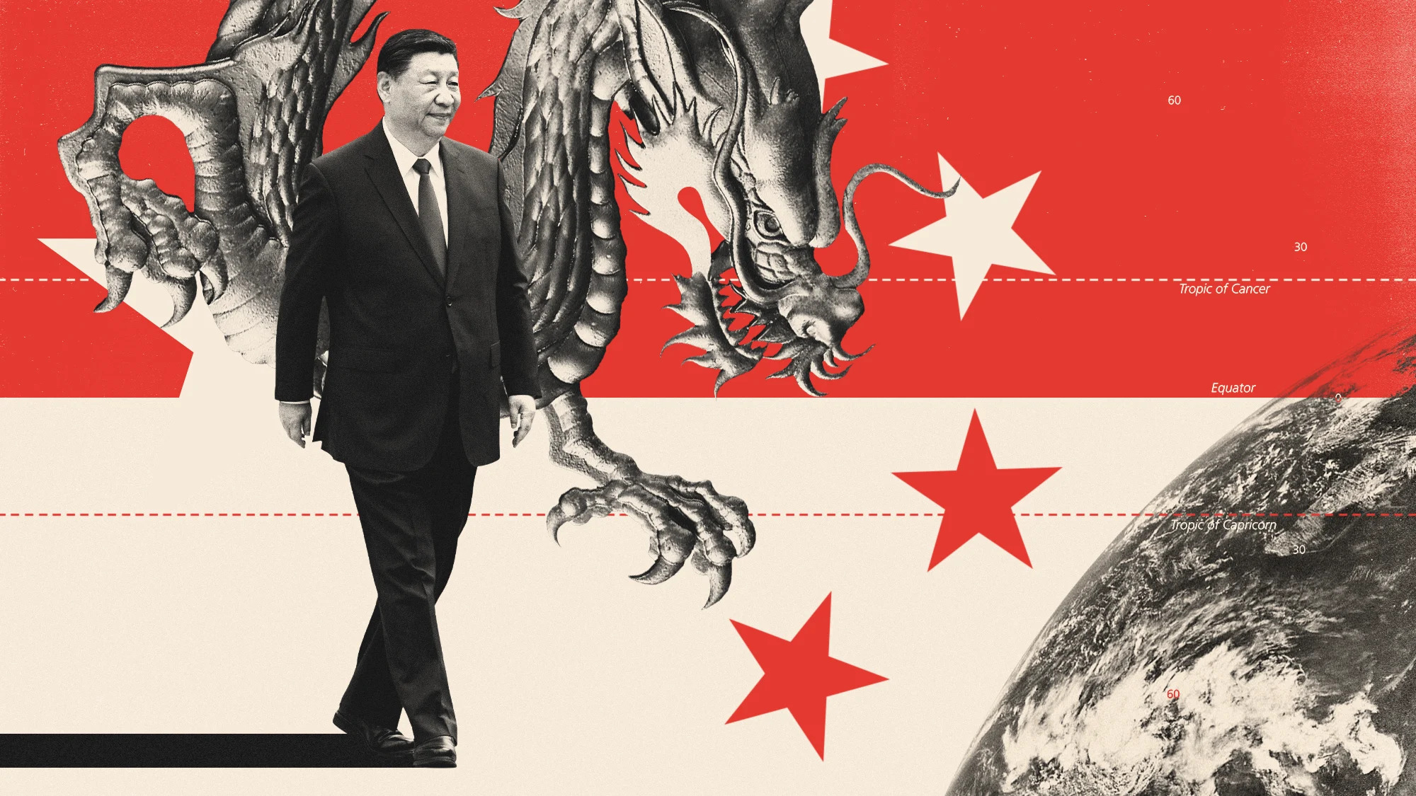  Illustration of Xi Jinping and a Chinese dragon alongside a globe and latitude lines. 