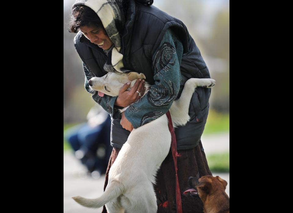 A Romanian woman embraces her dog during an animal rights protest in the front of the Romanian Parliament building in Bucharest on April 11, 2011.    (Photo credit DANIEL MIHAILESCU/AFP/Getty Images)