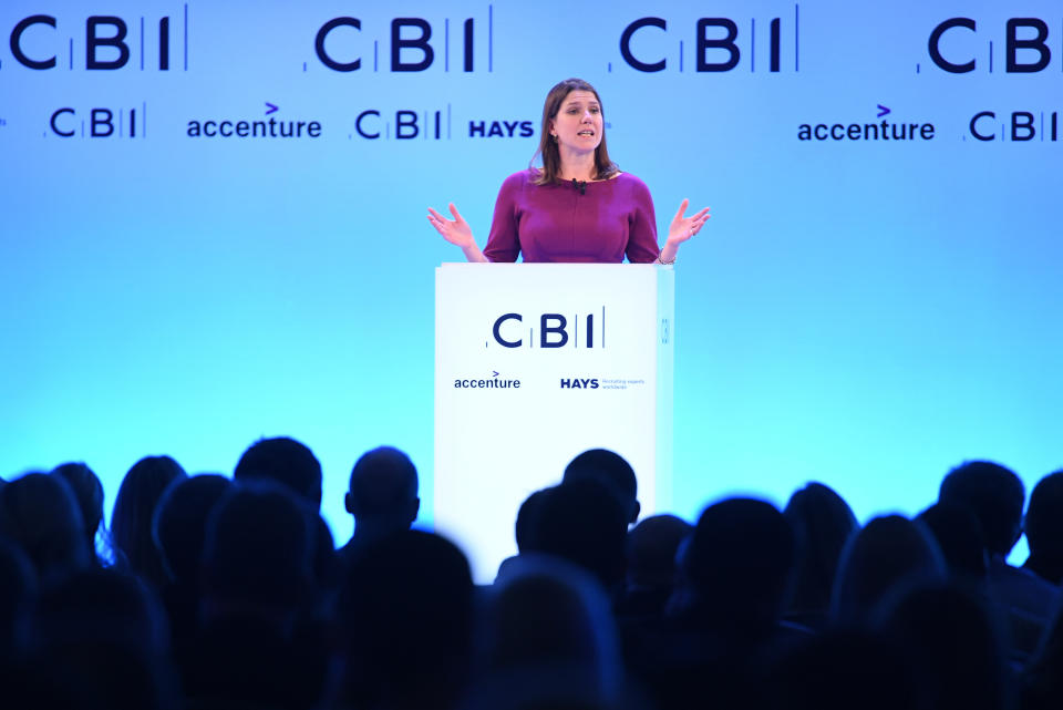 Liberal Democrat leader Jo Swinson speaking at the CBI annual conference at the InterContinental Hotel in London.