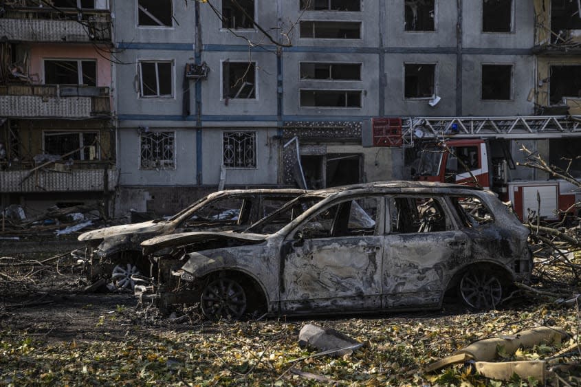 A view of a ruined city street following an airstrike on Zaporizhzhia, Ukraine. 