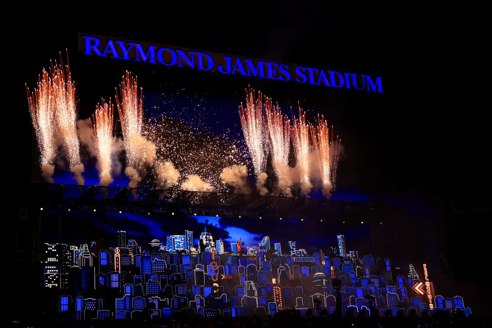 TAMPA, FLORIDA - FEBRUARY 07: A view of the stage as The Weeknd performs during the Pepsi Super Bowl LV Halftime Show at Raymond James Stadium on February 07, 2021 in Tampa, Florida. (Photo by Mike Ehrmann/Getty Images)