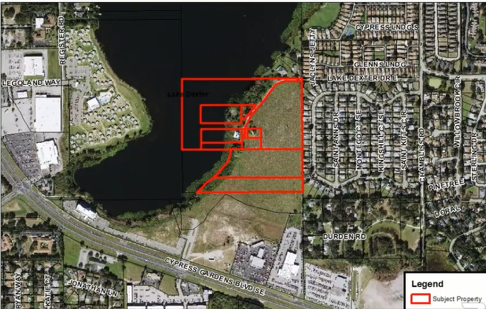 An aerial view of the land proposed for The Carlton at Lake Dexter.