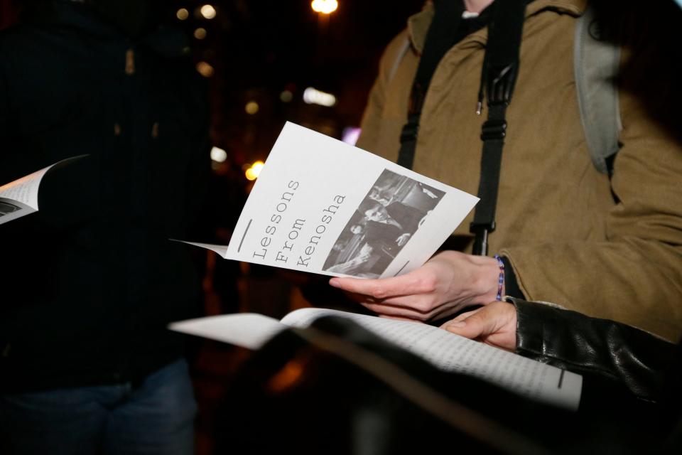 Pamphlets passed out during a protest to the Kyle Rittenhouse verdict outside of the Ohio Statehouse in Columbus, Ohio, on Friday, Nov. 19, 2021. 