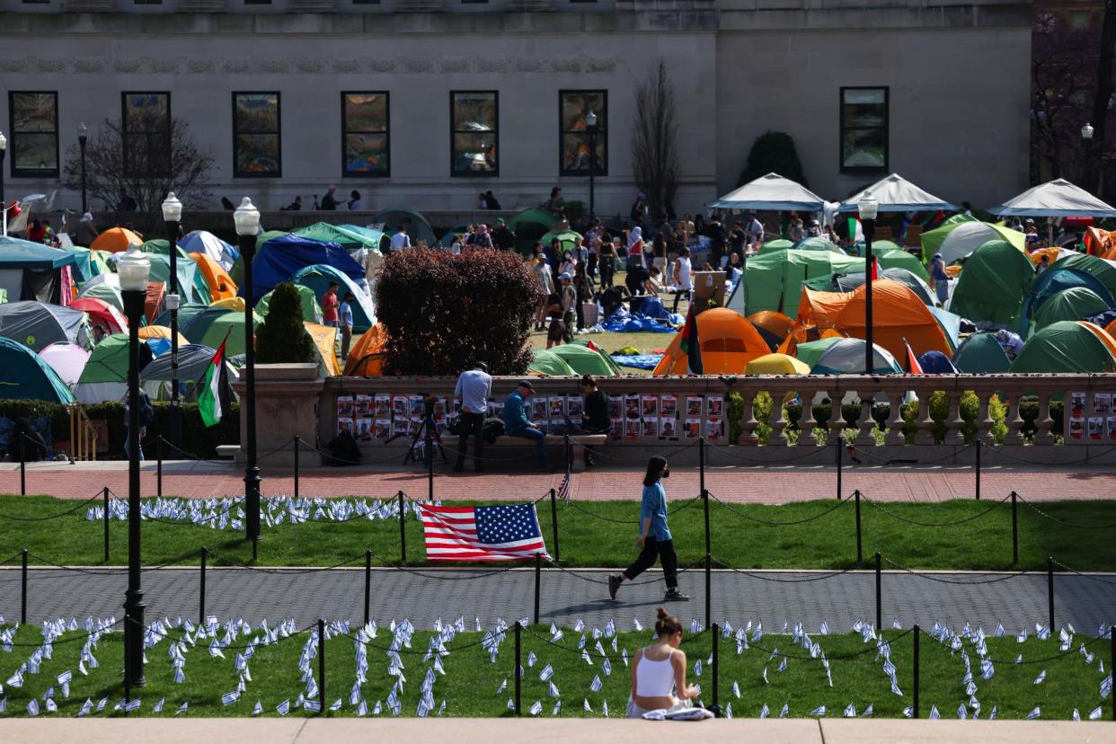 <span>The pro-Palestinian encampment at Columbia University on 28 April 2024.</span><span>Photograph: Charly Triballeau/AFP/Getty Images</span>