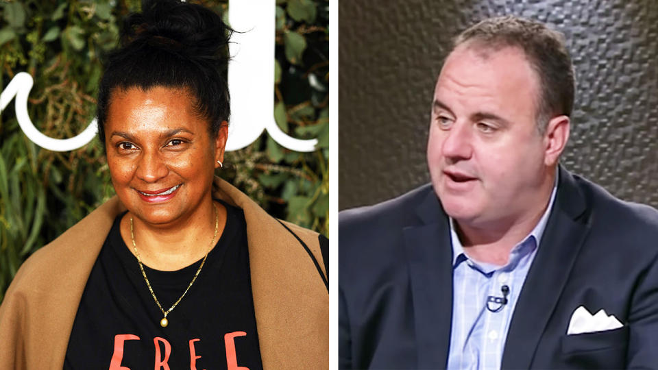 Nova Peris (pictured left) posing for photos and Footy Classified host Craig Hutchison (pictured right) talking on the show.