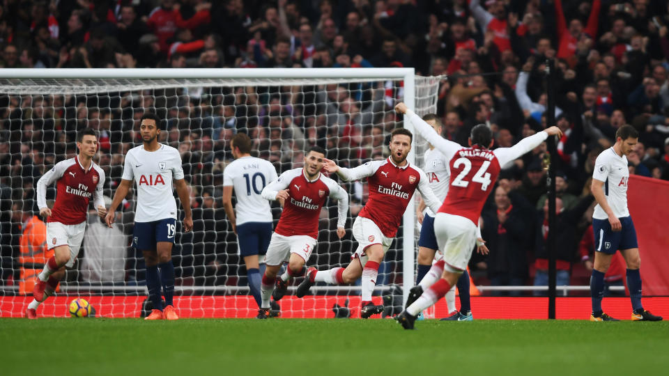 Shkodran Mustafi of Arsenal celebrates after scoring his side’s first goal