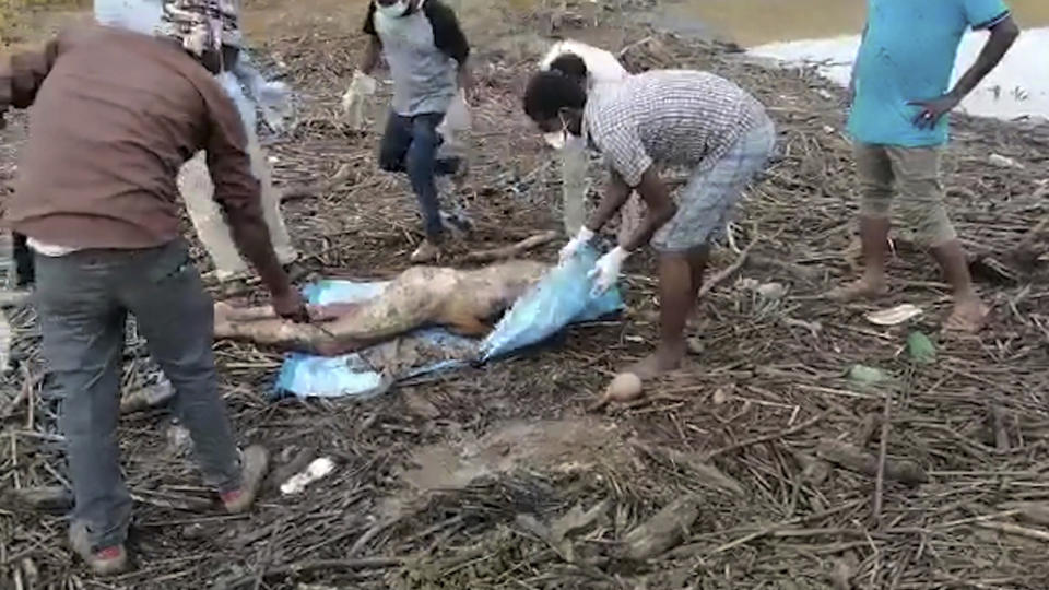 CORRECTS DATE OF IMAGE TO AUG. 1, NOT AUG. 4 - In this image from video obtained by The Associated Press, refugees from Ethiopia recover a body found in the Setit River, known in Ethiopia as Tekeze River, at Wad el Hilu, Sudan, on Sunday, Aug. 1, 2021. The Associated Press reported dozens of bodies floating down the Tekeze River in early August and saw six of the graves on Wednesday, marking the first time any reporters could reach the scene. Doctors who saw the bodies said one was tattooed with a common name in the Tigrinya language and others had the facial markings common among Tigrayans, raising fresh alarm about atrocities in the least-known area of the Tigray war. (AP Photo)