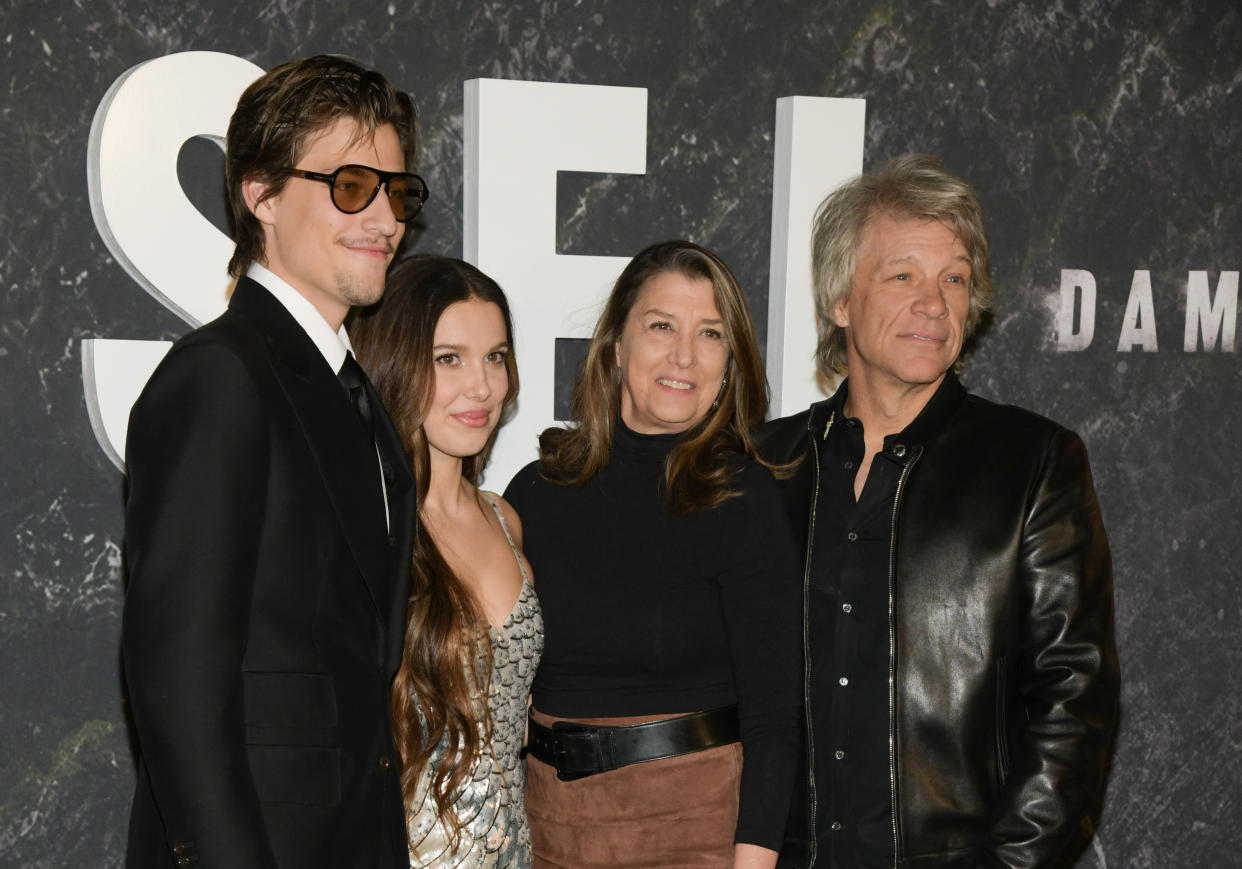 Jake Bongiovi, Millie Bobby Brown, Dorothea Hurley and Jon Bon Jovi at the 