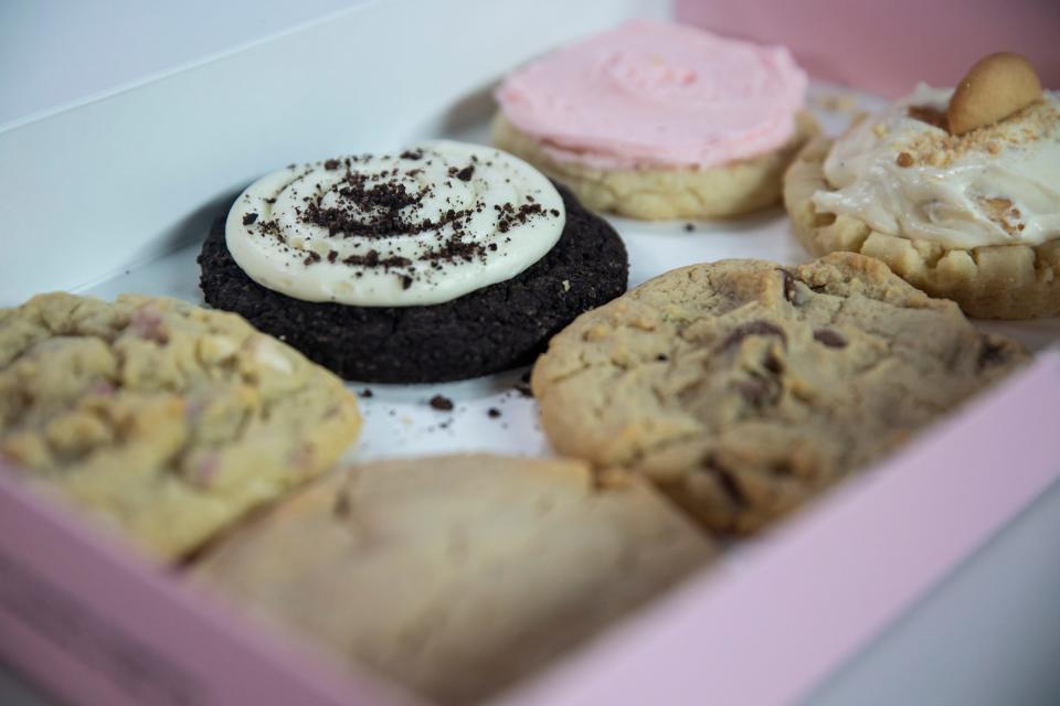 A box of six cookies from Crumbl Cookies, photographed in the Register's studio on Feb. 1, 2022. Crumbl opened a new location in Ankeny at the end of January, and those franchise owners are now working on a location in Ames.