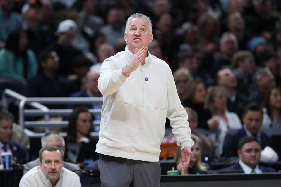 Purdue coach Matt Painter reacts during the first half against Utah State in the second round of the 2024 NCAA men's tournament at Gainbridge FieldHouse.