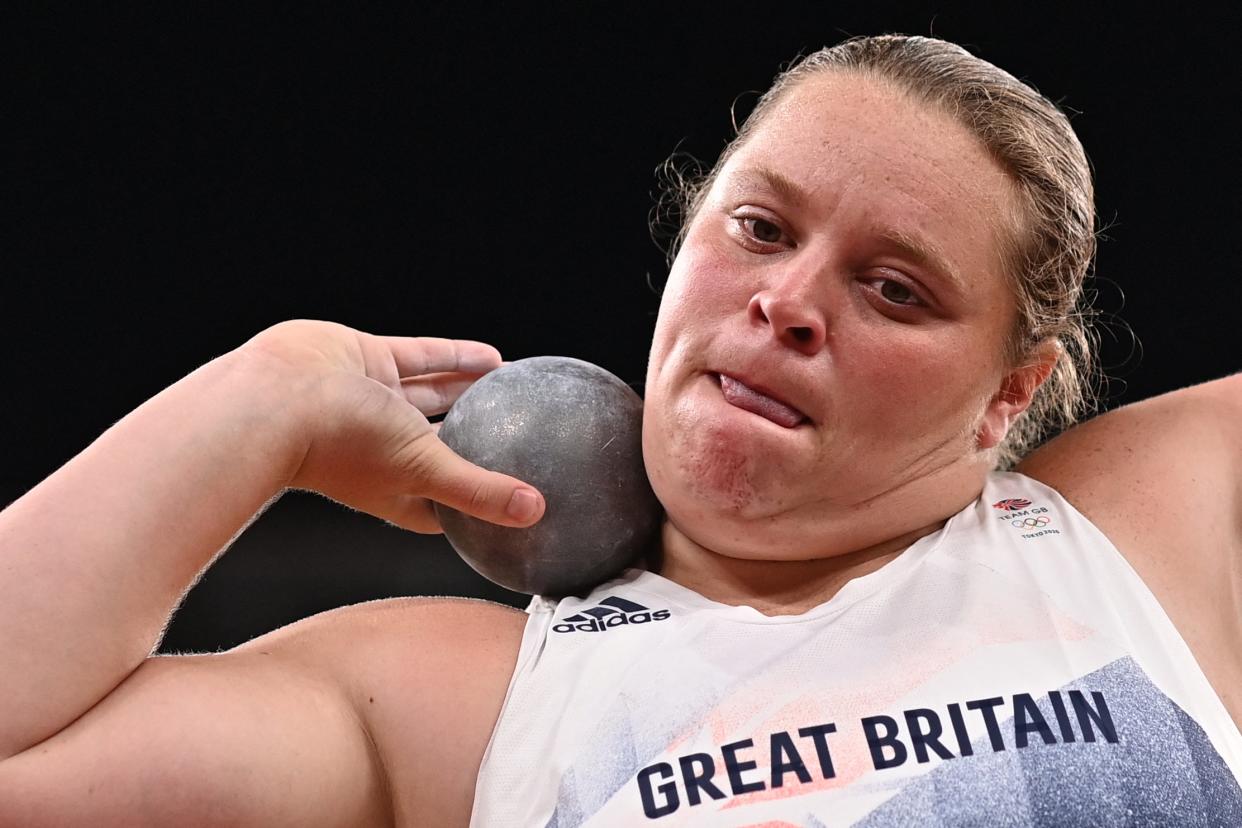 Britain's Sophie McKinna competes in the women's shot put qualification during the Tokyo 2020 Olympic Games at the Olympic Stadium in Tokyo on July 30, 2021 (AFP via Getty Images)