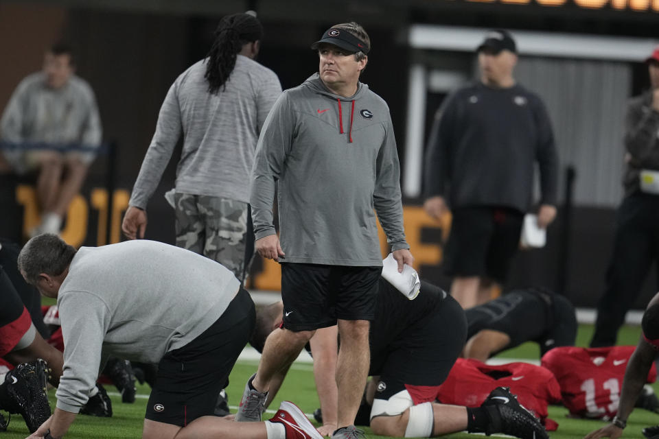 Georgia head coach Kirby Smart walks the field during practice ahead of the national championship NCAA College Football Playoff game between Georgia and TCU, Saturday, Jan. 7, 2023, in Inglewood, Calif. The championship football game will be played Monday. (AP Photo/Marcio Jose Sanchez)