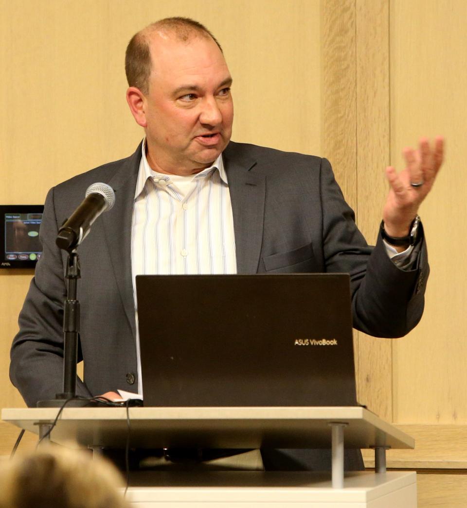 Todd Zeiger with Indiana Landmarks makes remarks on what projects could be pursued in efforts to save Portage Manor on Monday, March 6, 2023, at the Save Portage Manor town hall at the St. Joseph County Public Library sponsored by the local chapter of the NAACP.