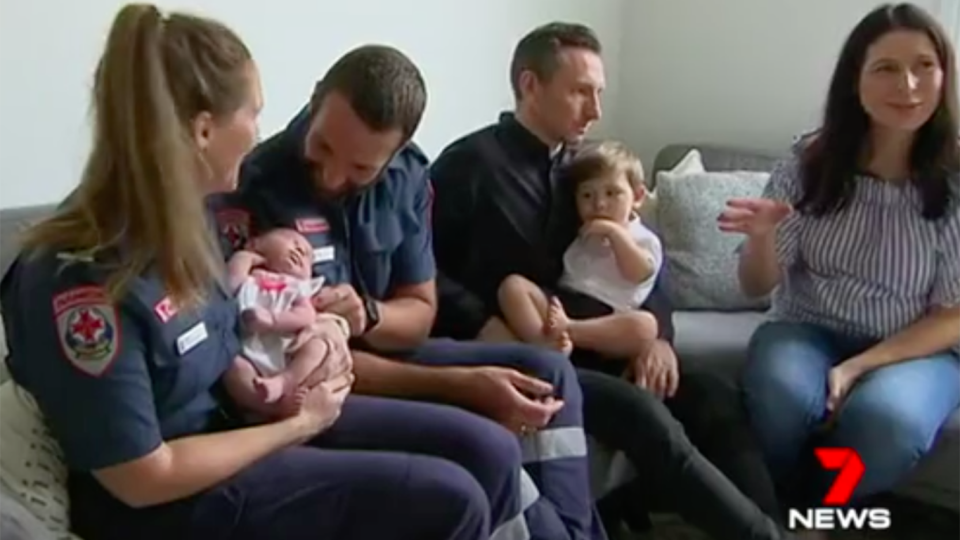 Paramedics Matt and Mia have reunited with the Minta family for the first time since mum Lauren went into labour two weeks ago. Source: 7News