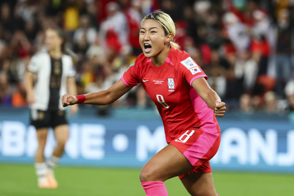 La surcoreana Cho So-hyun reacciona tras anotar el gol de su equipo en el empate 1-1 contra Alemania en el partido del Grupo H del Mundial femenino, el jueves 3 de agosto de 2023, en Brisbane, Australia, (AP Foto/Tertius Pickard)