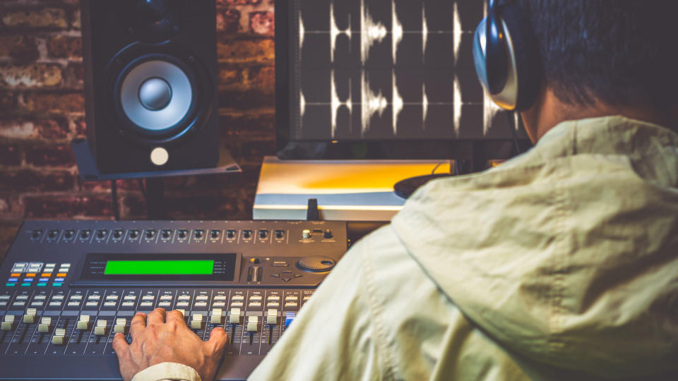 Close up of a studio monitor on a stand